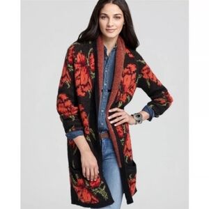Free People Flower Power Wool Blend Long  Knit Cardigan Sz S Black Red